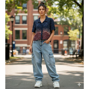 VINTAGE Cottagecore Vanessa Stevens Cropped Navy and Floral Blouse Size L